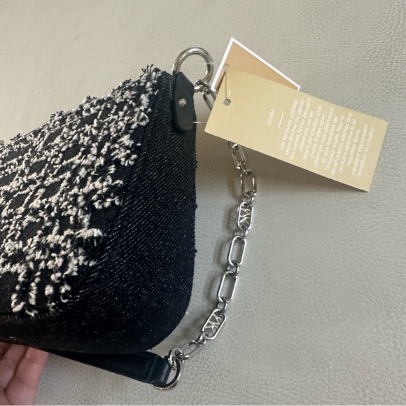 NWT MICHAEL KORS Empire Medium Frayed Denim Chain-Link Pochette Shoulder Bag - Picture 11 of 12